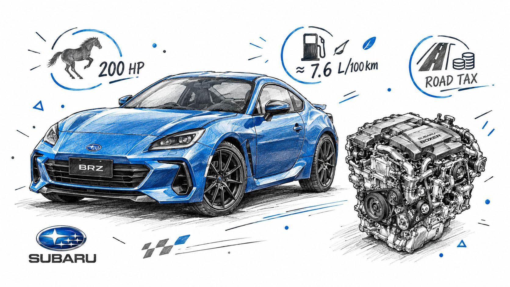 A hand-drawn sketch of a blue Subaru BRZ car along with its engine and performance specifications.