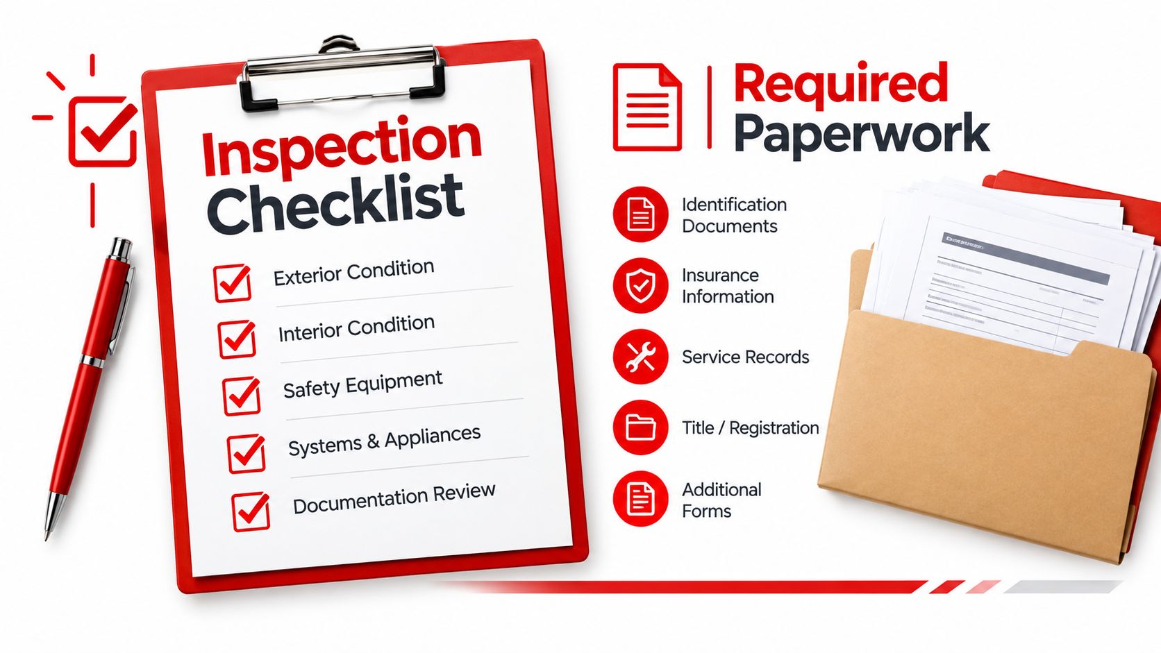 A clipboard with an inspection checklist and a folder of required paperwork displayed on a white background.