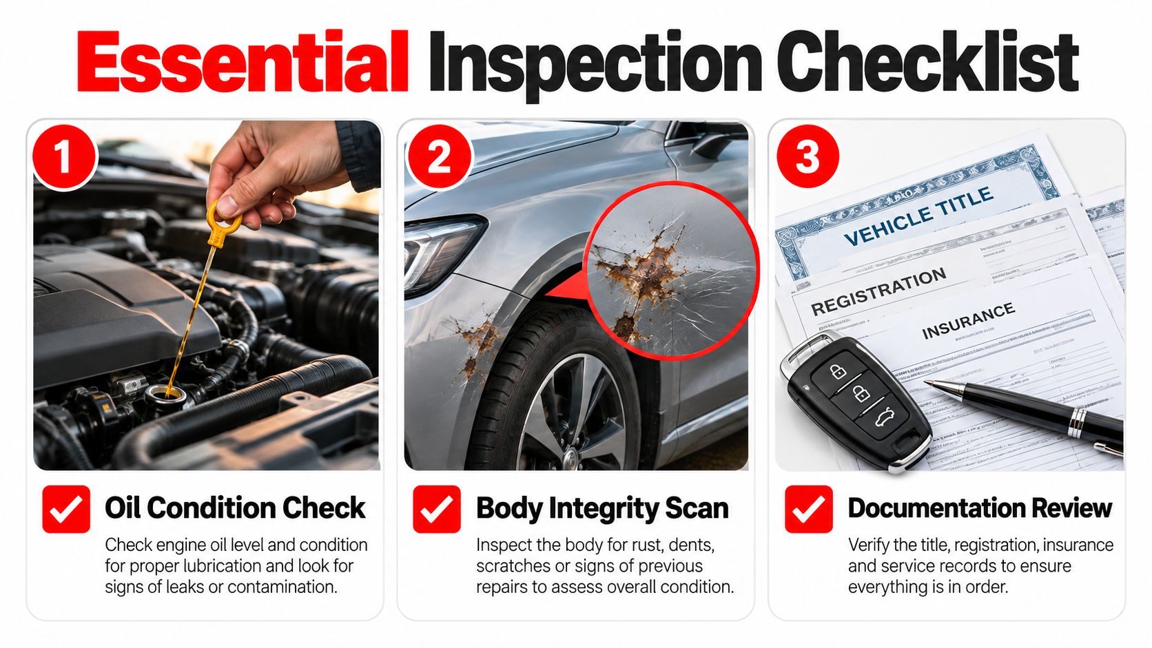 A three-step essential inspection checklist for used vehicles featuring oil checks, body inspection, and document review.
