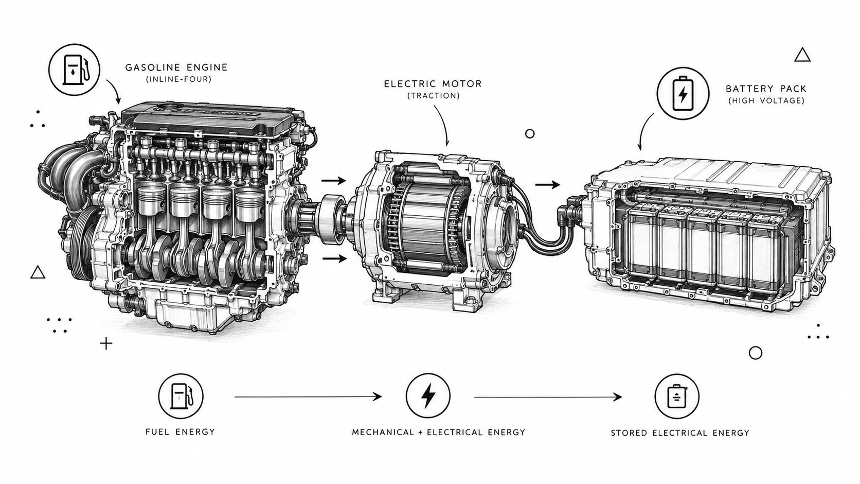 A detailed technical illustration showing a hybrid vehicle powertrain with a gasoline engine, electric motor, and battery.
