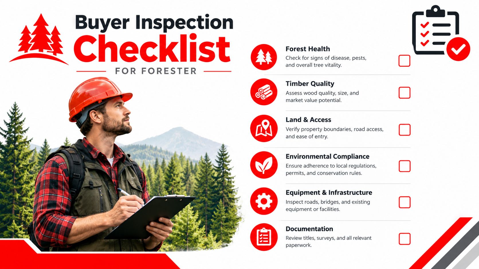A professional forester wearing a red hard hat evaluates forest land while holding an inspection checklist clipboard.