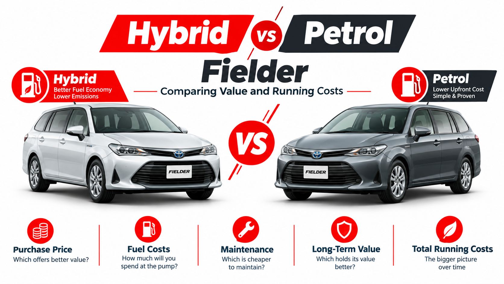 A comparison graphic between Toyota Fielder Hybrid and Petrol models highlighting value and total running costs.