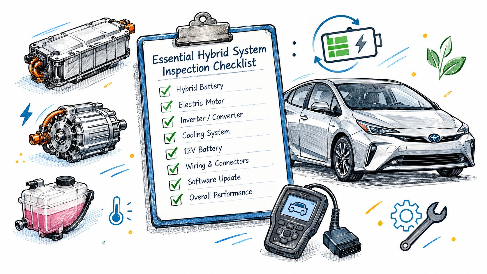 An illustrated checklist for a Toyota hybrid system inspection featuring components like the battery and motor.