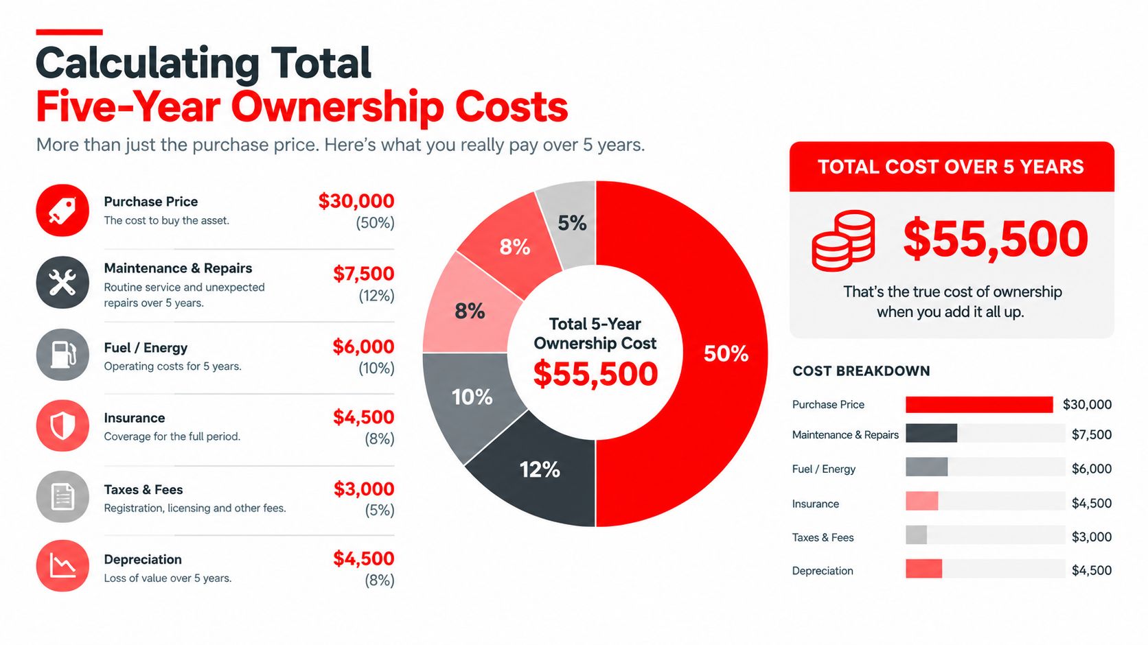 A colourful infographic explaining the total five-year ownership costs of a vehicle including purchase, maintenance, and insurance.