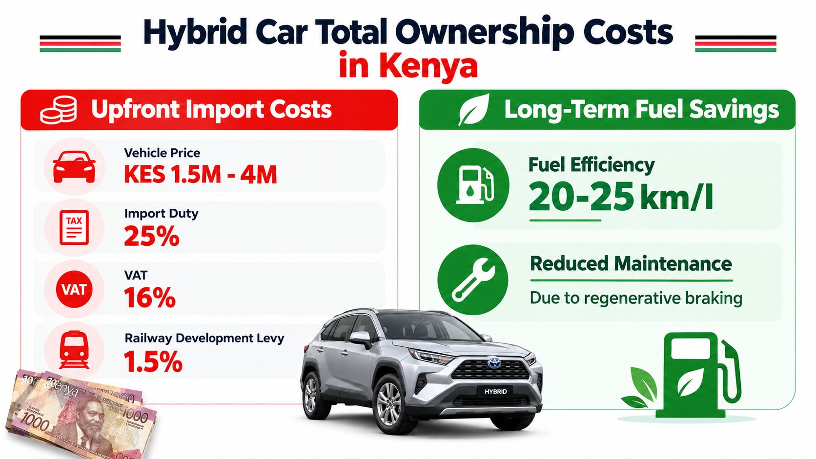 An infographic detailing the upfront import costs and long-term fuel savings of owning hybrid cars in Kenya.