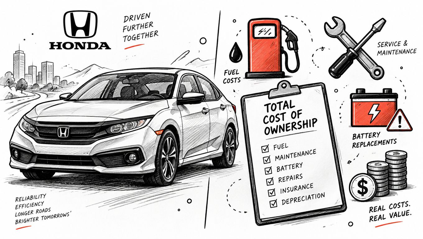 A hand-drawn illustration showing a Honda car next to a clipboard listing total cost of ownership factors.