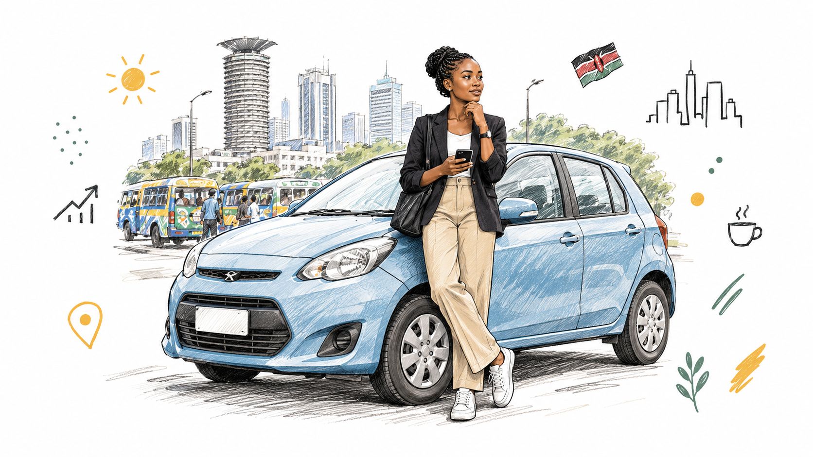 A professional woman leaning against a blue car with the Nairobi city skyline in the background.
