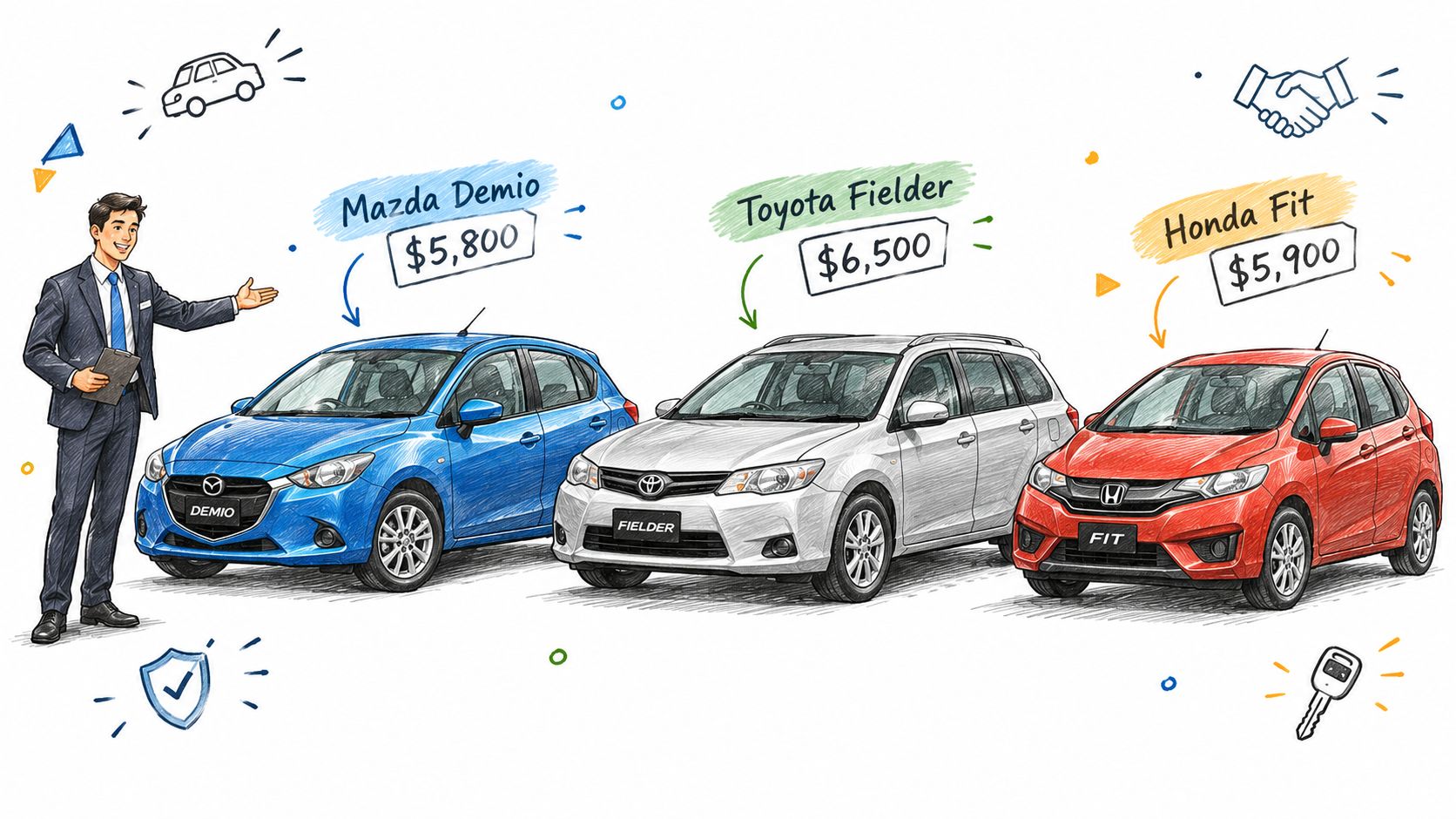A salesman presenting affordable used cars for sale including a Mazda Demio, Toyota Fielder, and Honda Fit.