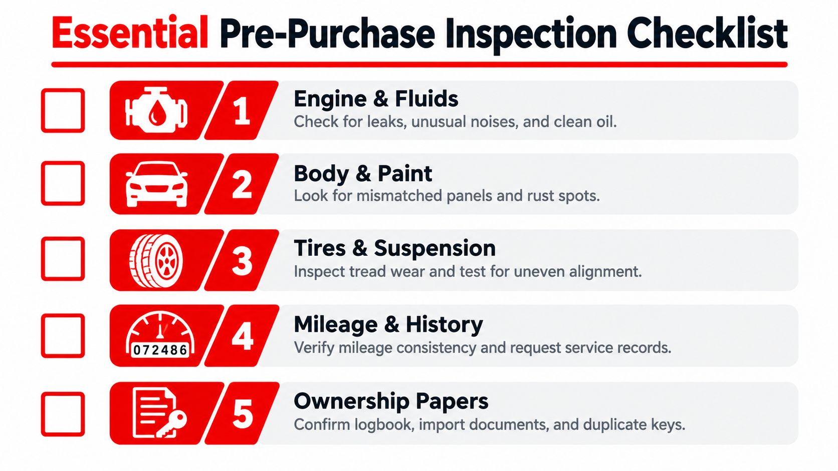 A checklist for a pre-purchase car inspection highlighting five essential steps for evaluating used vehicles.