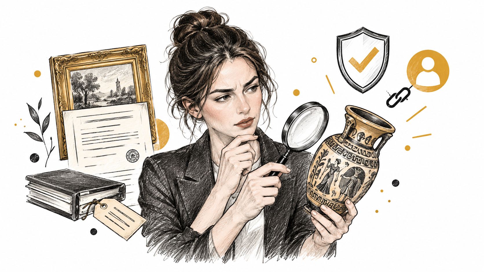 A professional woman uses a magnifying glass to inspect an ancient Greek vase with historical documents nearby.