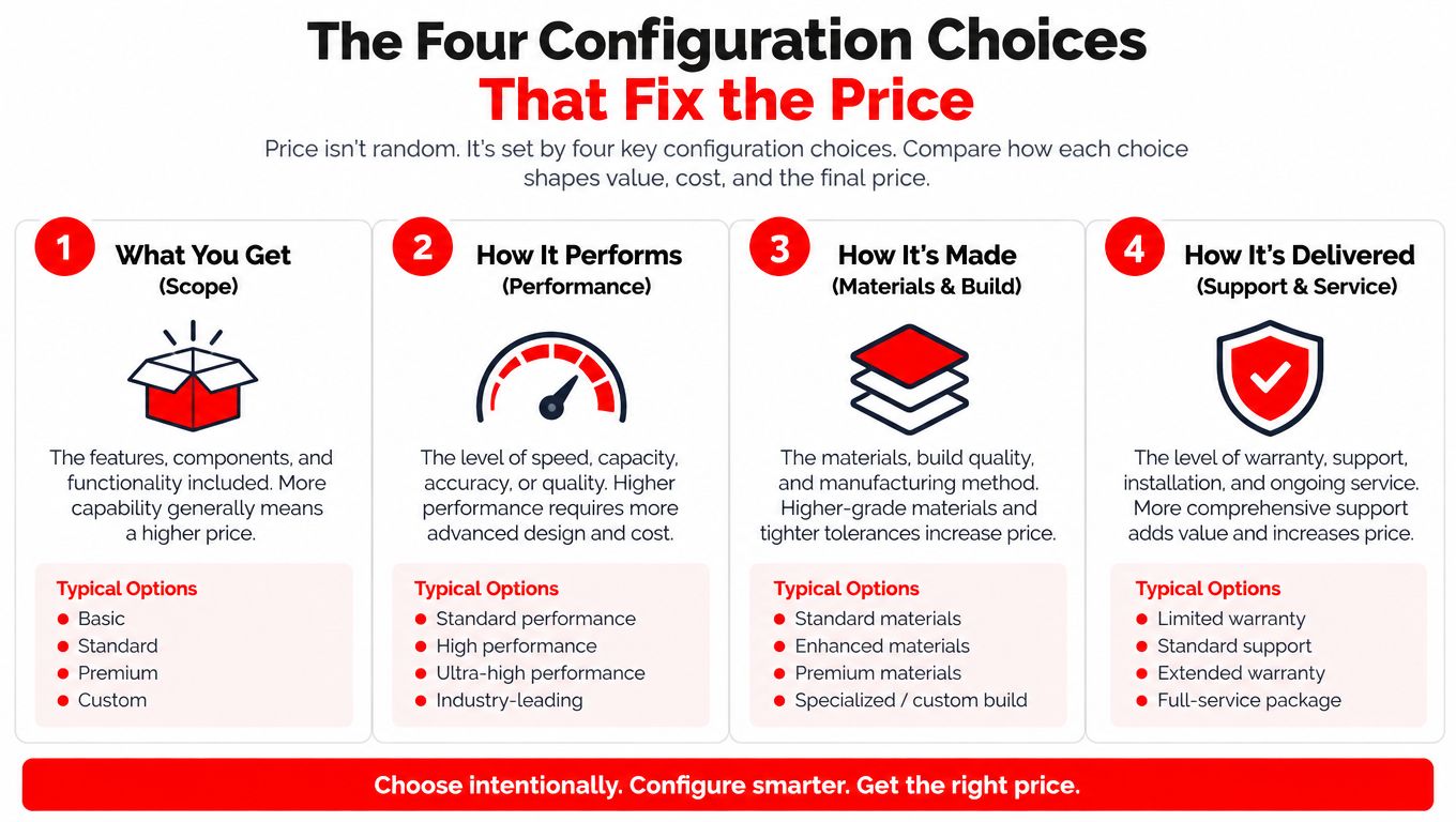 An infographic detailing the four key configuration choices that determine product pricing: scope, performance, materials, and support services.