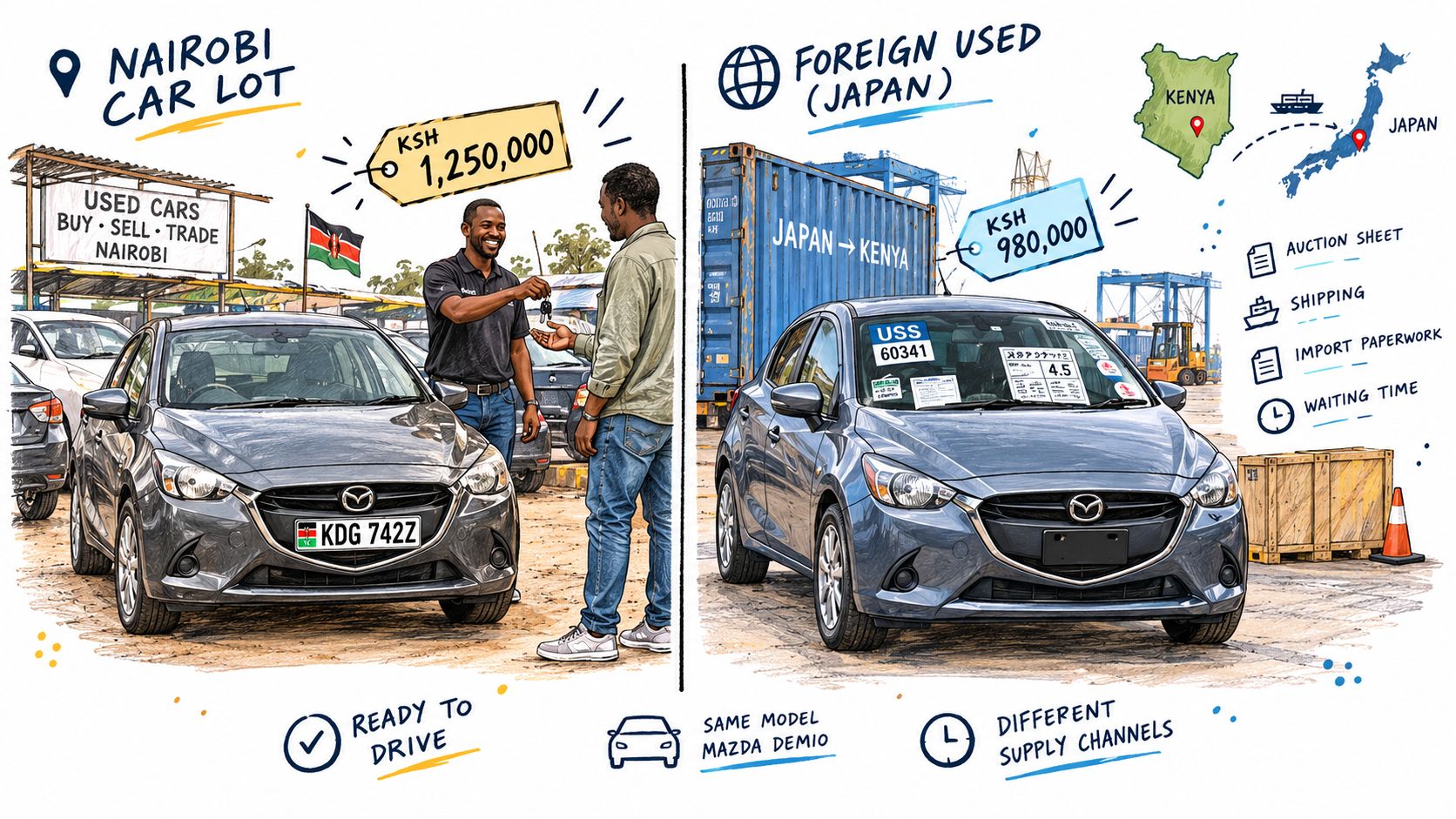 A comparison illustration showing the price difference between buying a Mazda Demio in Nairobi versus importing from Japan.