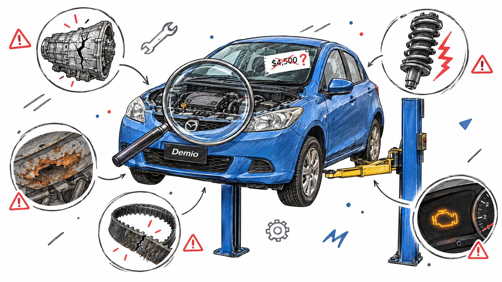 A blue Mazda Demio on a mechanic lift with icons highlighting common car repair and maintenance issues.