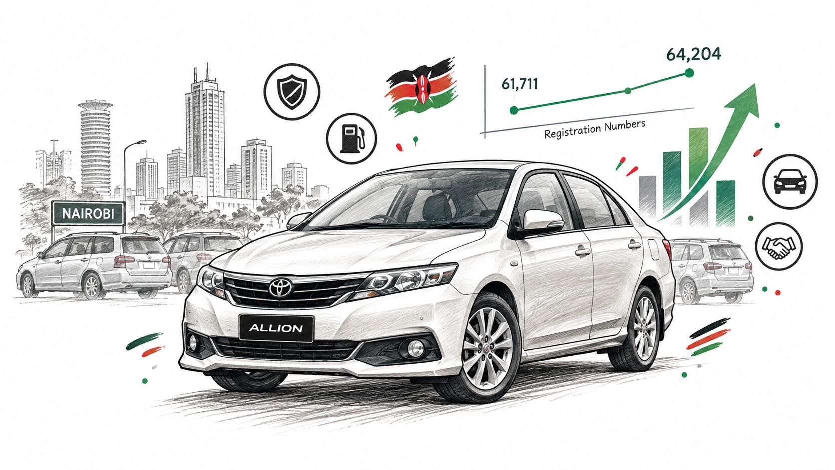 A Toyota Allion car displayed against a sketch background of the Nairobi skyline and Kenyan flag.