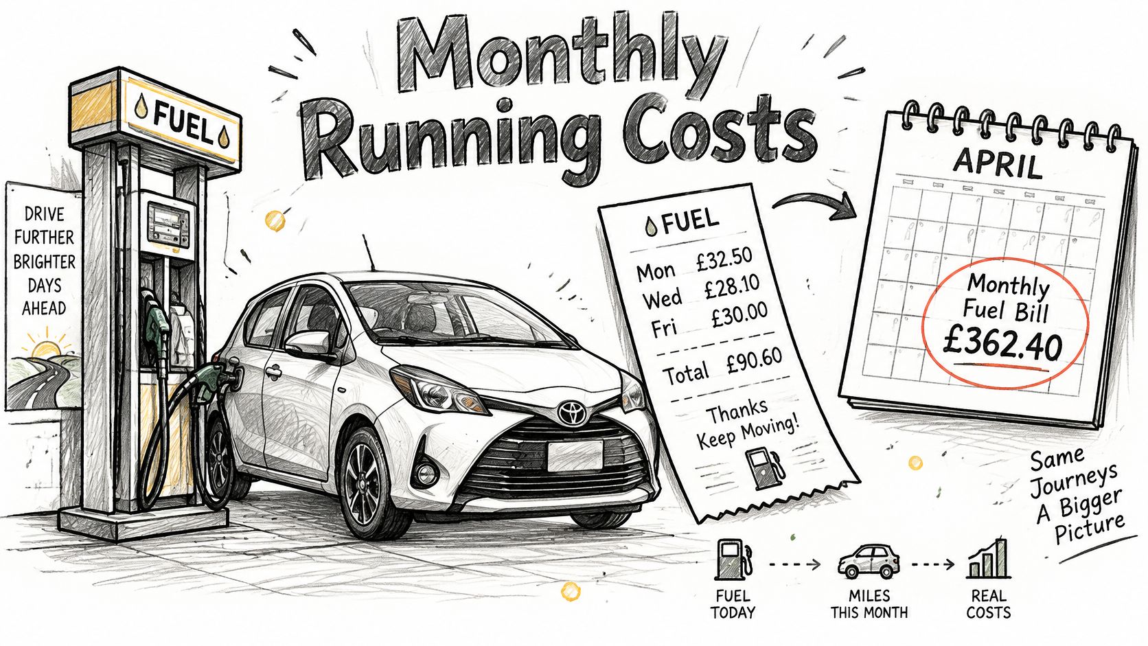 A hand-drawn illustration depicting a Toyota car at a fuel pump with monthly fuel cost tracking.