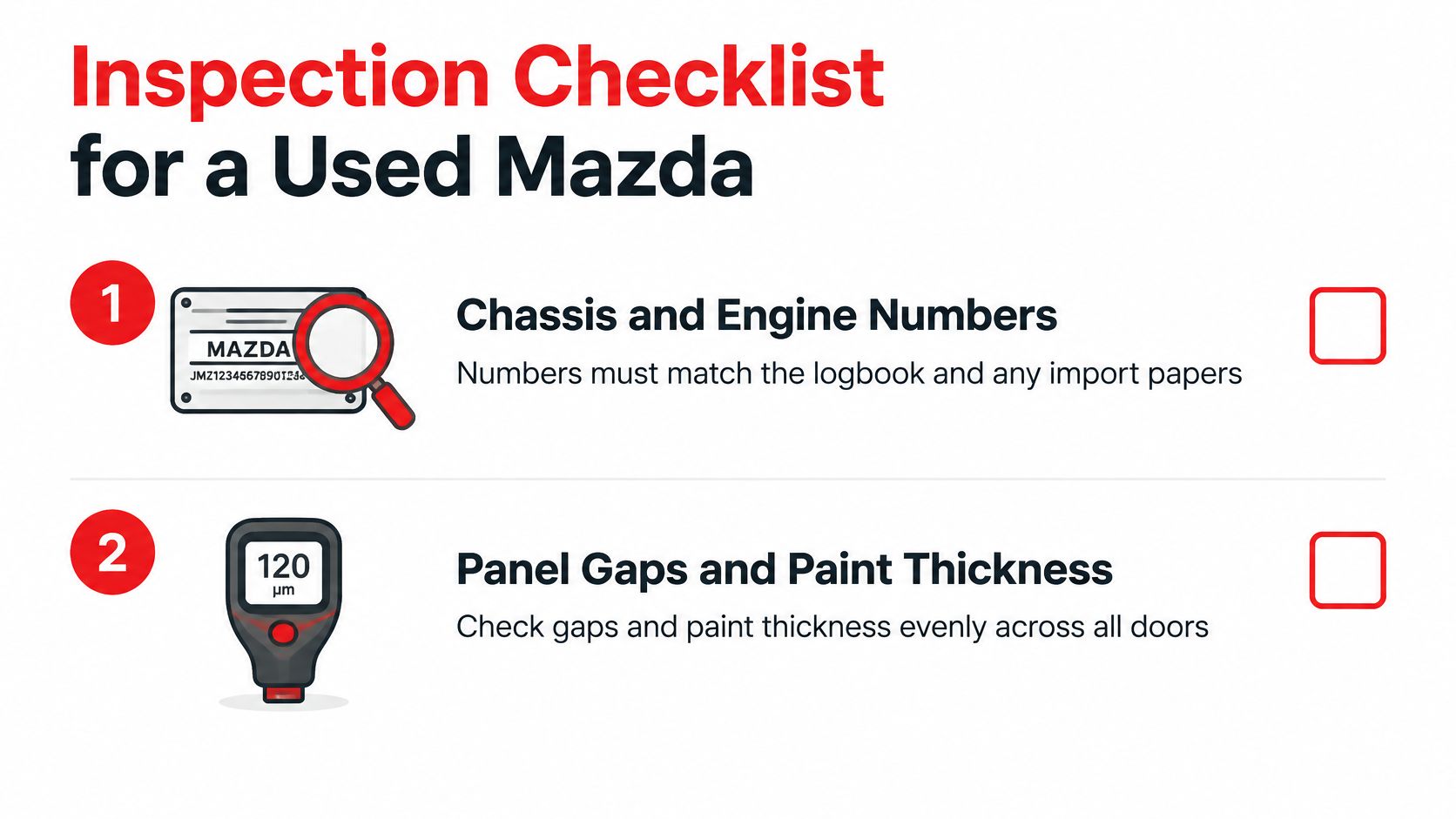 An inspection checklist for a used Mazda featuring steps for verifying chassis numbers and paint thickness.