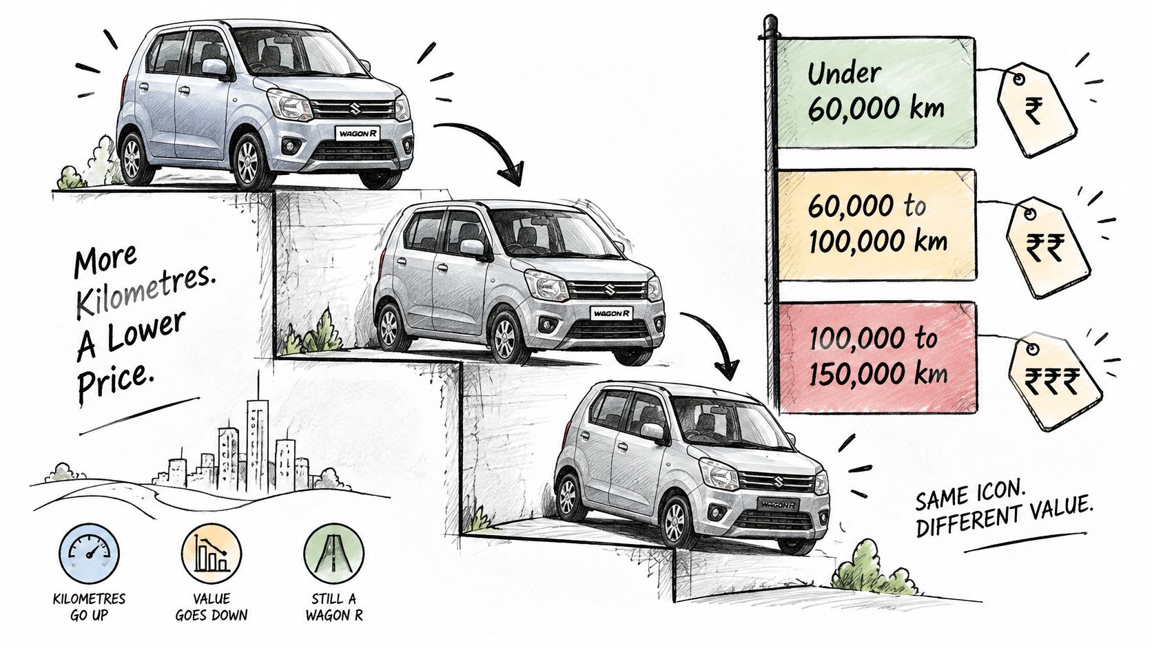 A visual illustration showing that higher mileage on a Wagon R car results in a lower price.