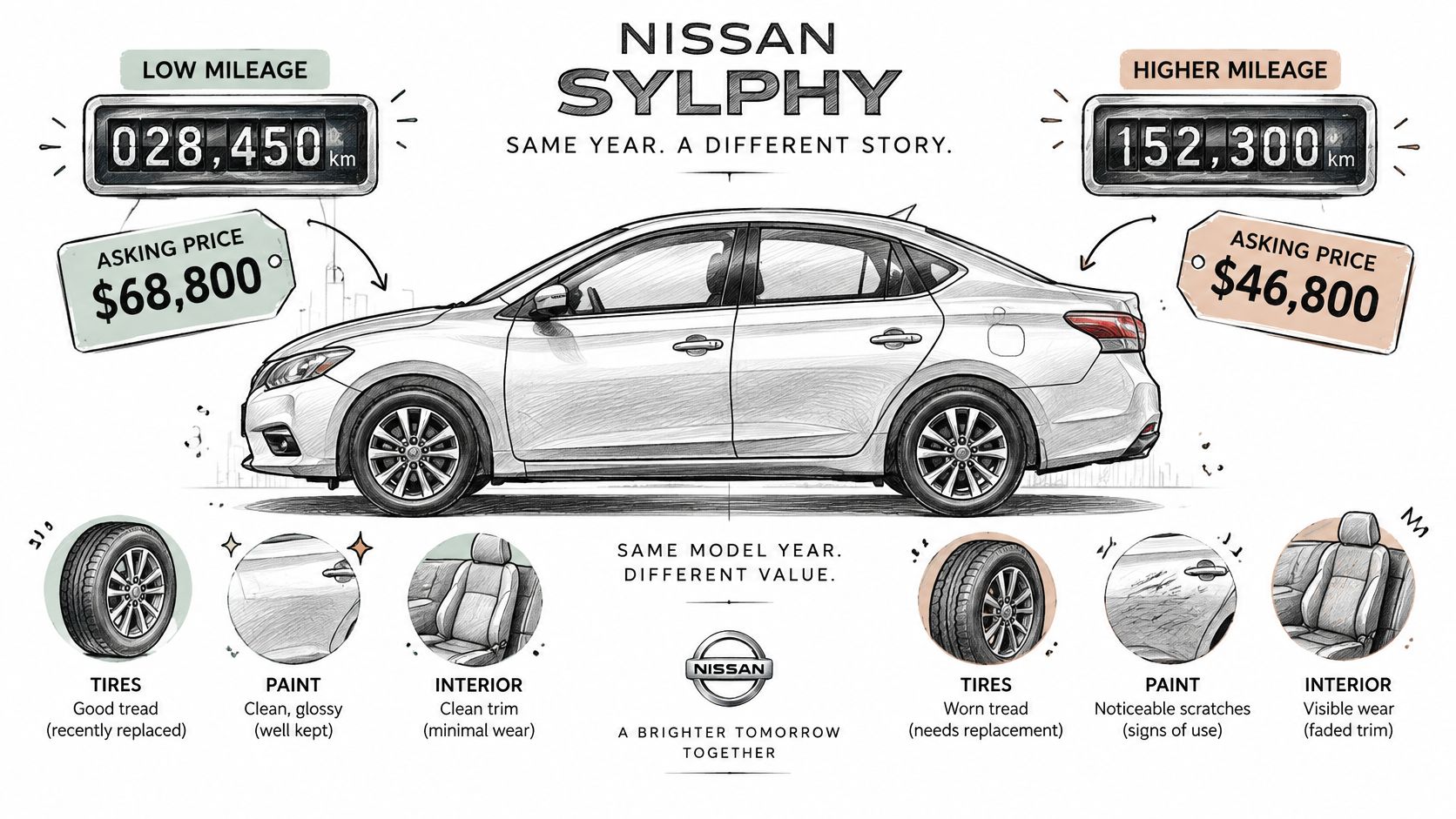 An infographic comparing two Nissan Sylphy cars of the same year with different mileages, conditions, and prices.