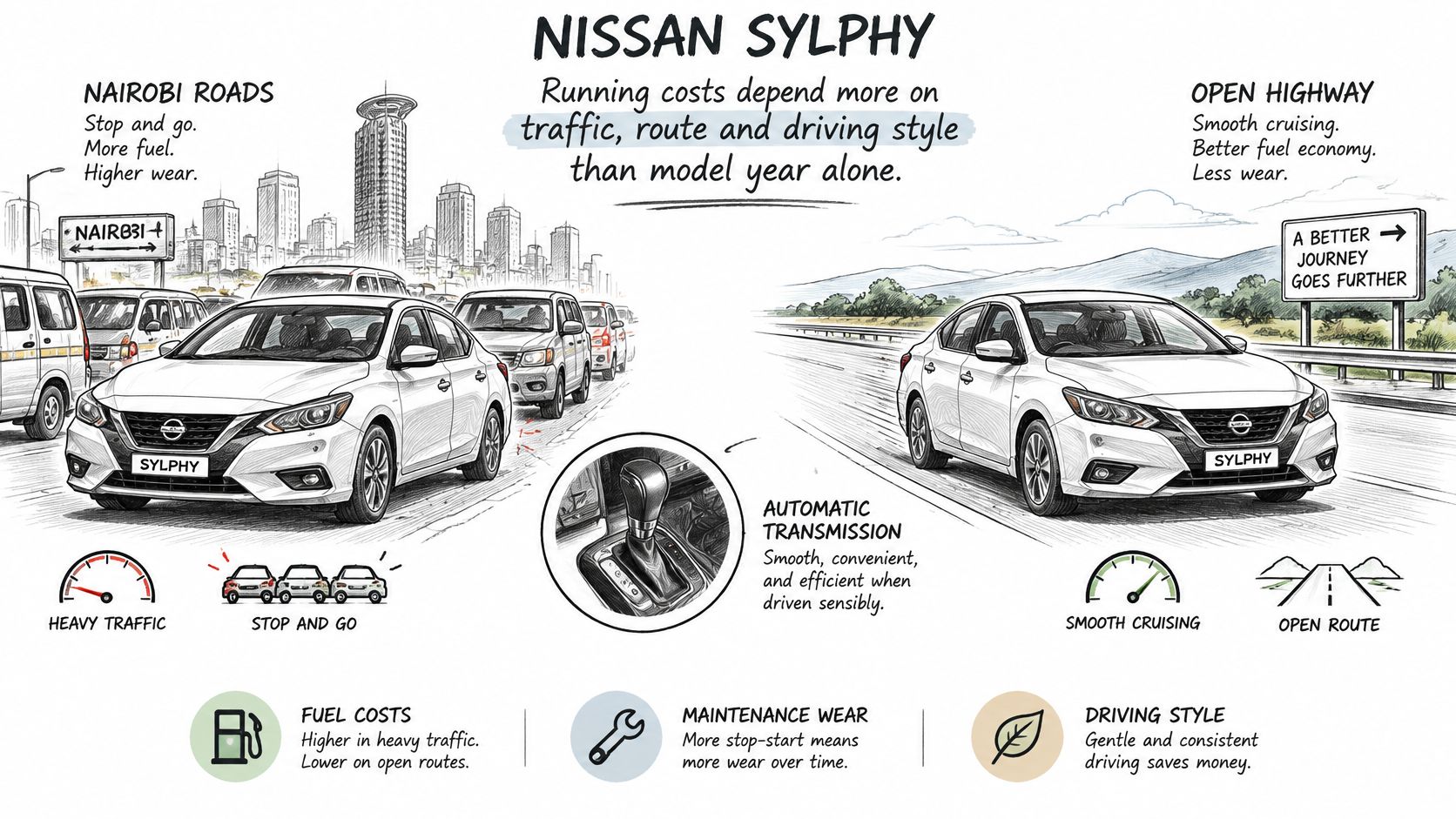 An infographic comparing the running costs of a Nissan Sylphy in Nairobi city traffic and open highway driving.